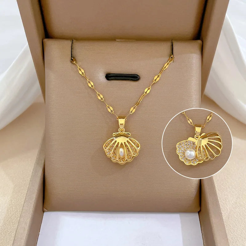 French Shell Pearl Necklace for Women Gold Color Stainless Steel Zircon Love Heart Clavicle Chain Choker Wedding Jewelry