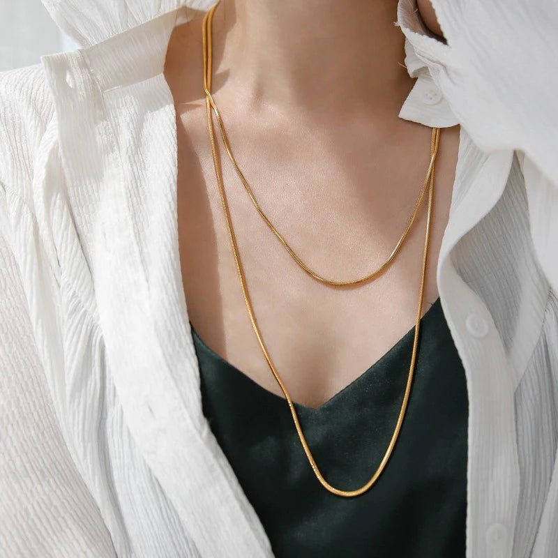 Double Layer Snake Chains Neckalce Sets for Women Stainless Steel Long Necklace Gold Color Chaoker Fashion Jewelry High Quality