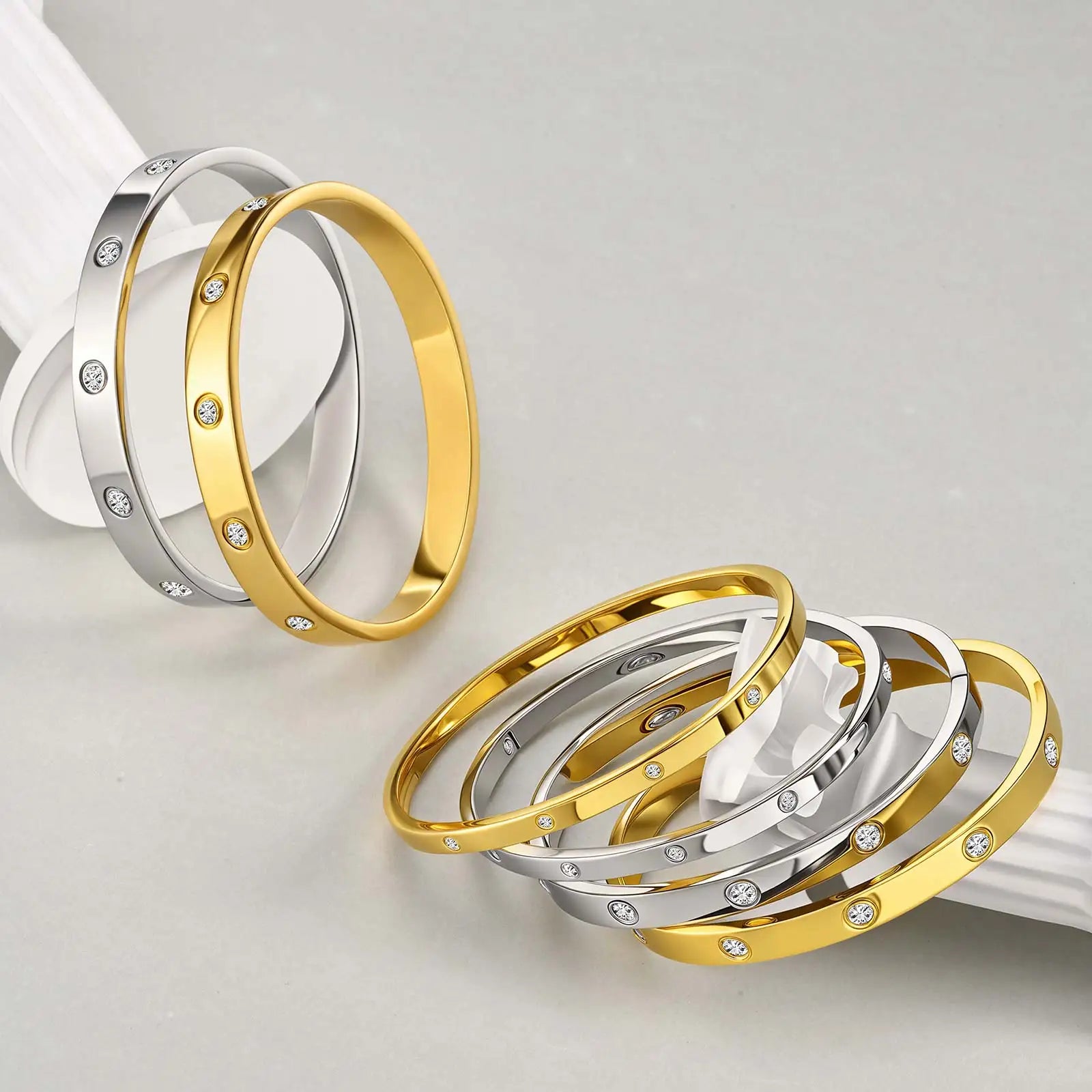 Luxurious Cubic Zircon Openable Bracelet for Women ,Stainless Steel round Bangle Bracelets,Charm Jewelry Gifts