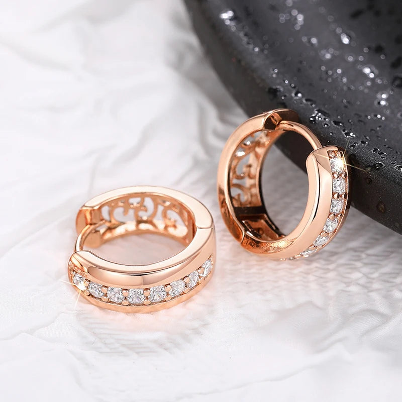 Rose Gold Color Hoop Earrings for Women Inlaid Shiny Crystal CZ Simple Elegant Girls Circle Earrings Statement Jewelry