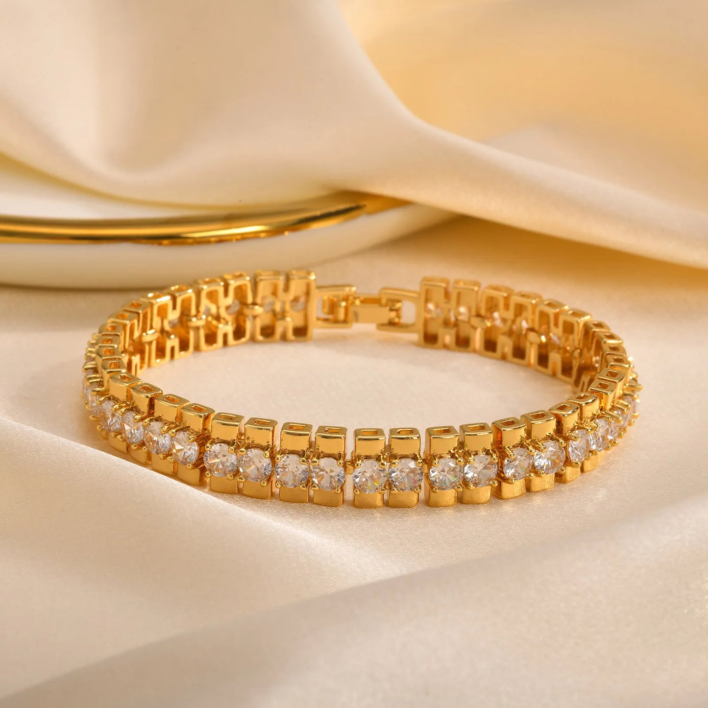 Paperclip Chain Bracelet 14K Gold Plated Cubic Zirconia Watch Strap Chunky Link Adjustable Stackable Jewelry for Women Girl Gift