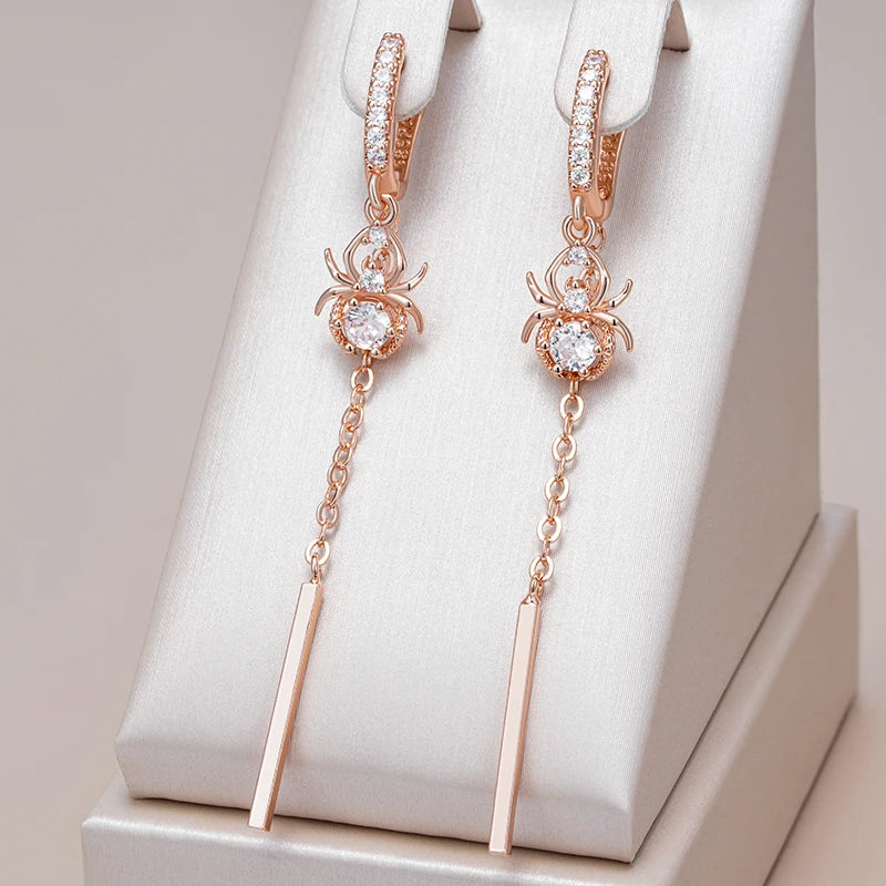 Hot Trend Long Tassel Spider Dangle Earrings for Women Fashion 585 Rose Gold Color with Natural Zircon Fine Daily Jewelry