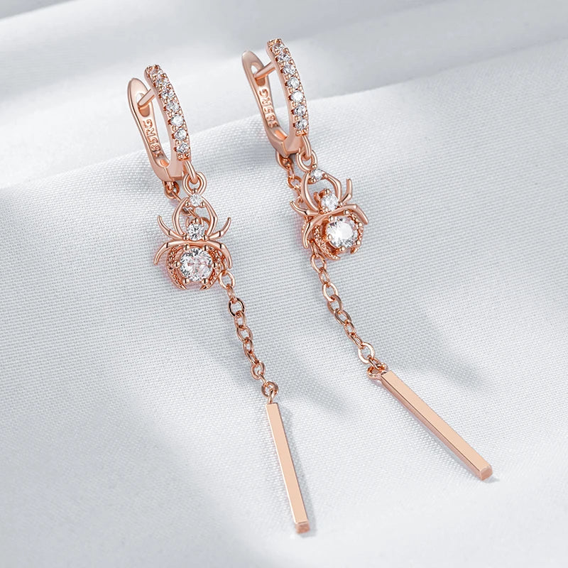 Hot Trend Long Tassel Spider Dangle Earrings for Women Fashion 585 Rose Gold Color with Natural Zircon Fine Daily Jewelry