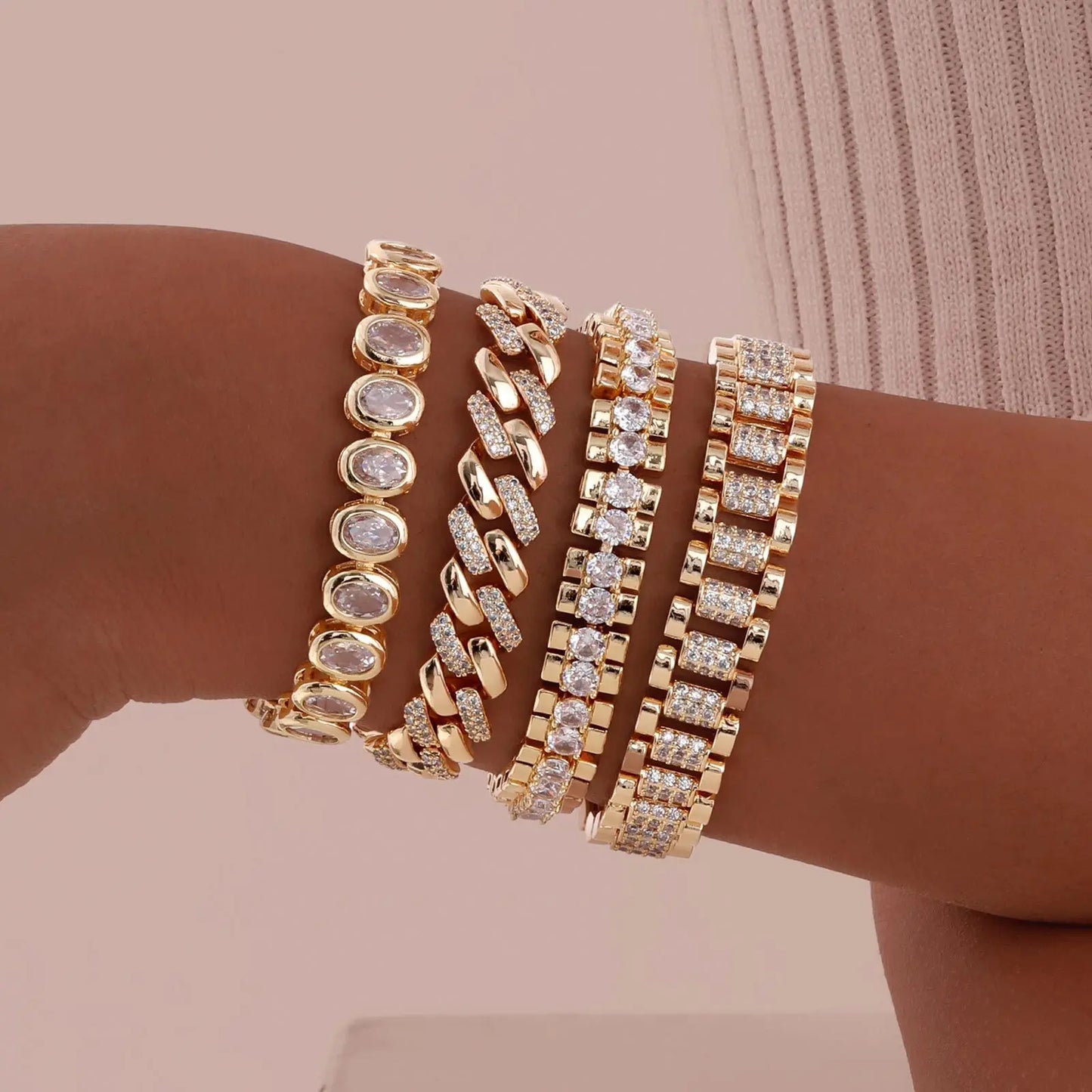 Paperclip Chain Bracelet 14K Gold Plated Cubic Zirconia Watch Strap Chunky Link Adjustable Stackable Jewelry for Women Girl Gift