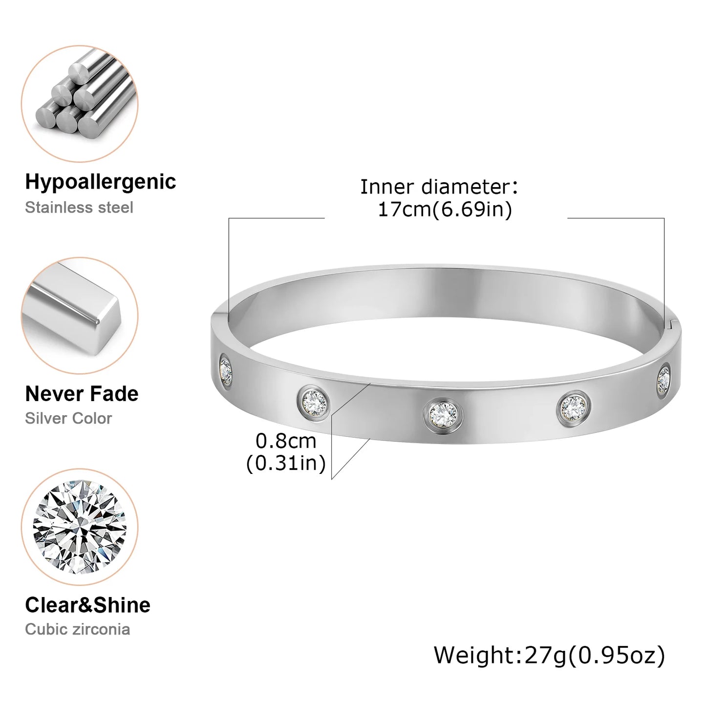 Luxurious Cubic Zircon Openable Bracelet for Women ,Stainless Steel round Bangle Bracelets,Charm Jewelry Gifts