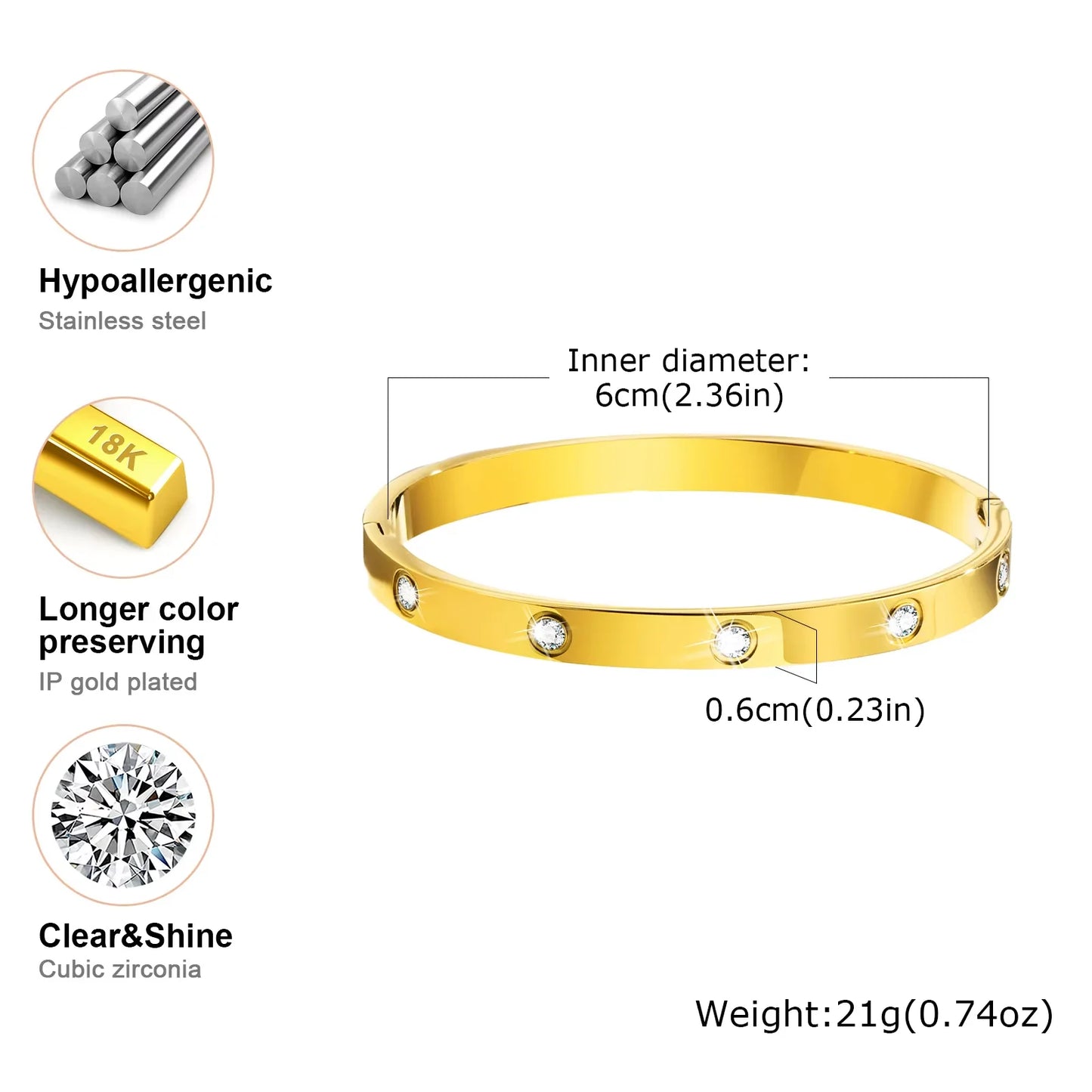 Luxurious Cubic Zircon Openable Bracelet for Women ,Stainless Steel round Bangle Bracelets,Charm Jewelry Gifts