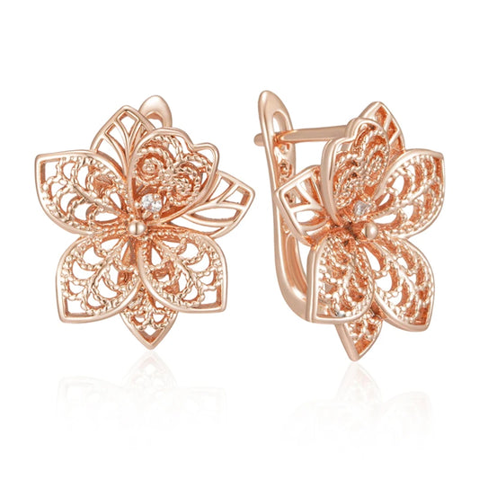 Kienl Hot 585 Rose Gold Color Flower Dangle Earrings for Women Shiny Natural Zircon Accessories Vintage Daily Fine Jewelry