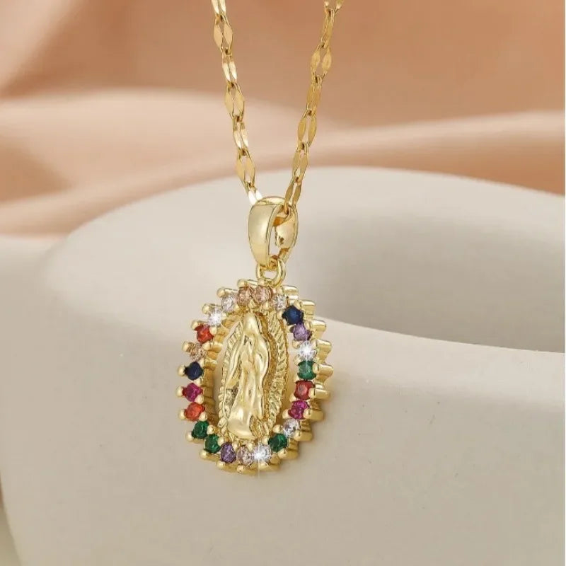 European and American Fashion and Gorgeous Women'S All Sky Star Micro Inlaid Colorful Zircon Virgin Mary Hollow Necklace
