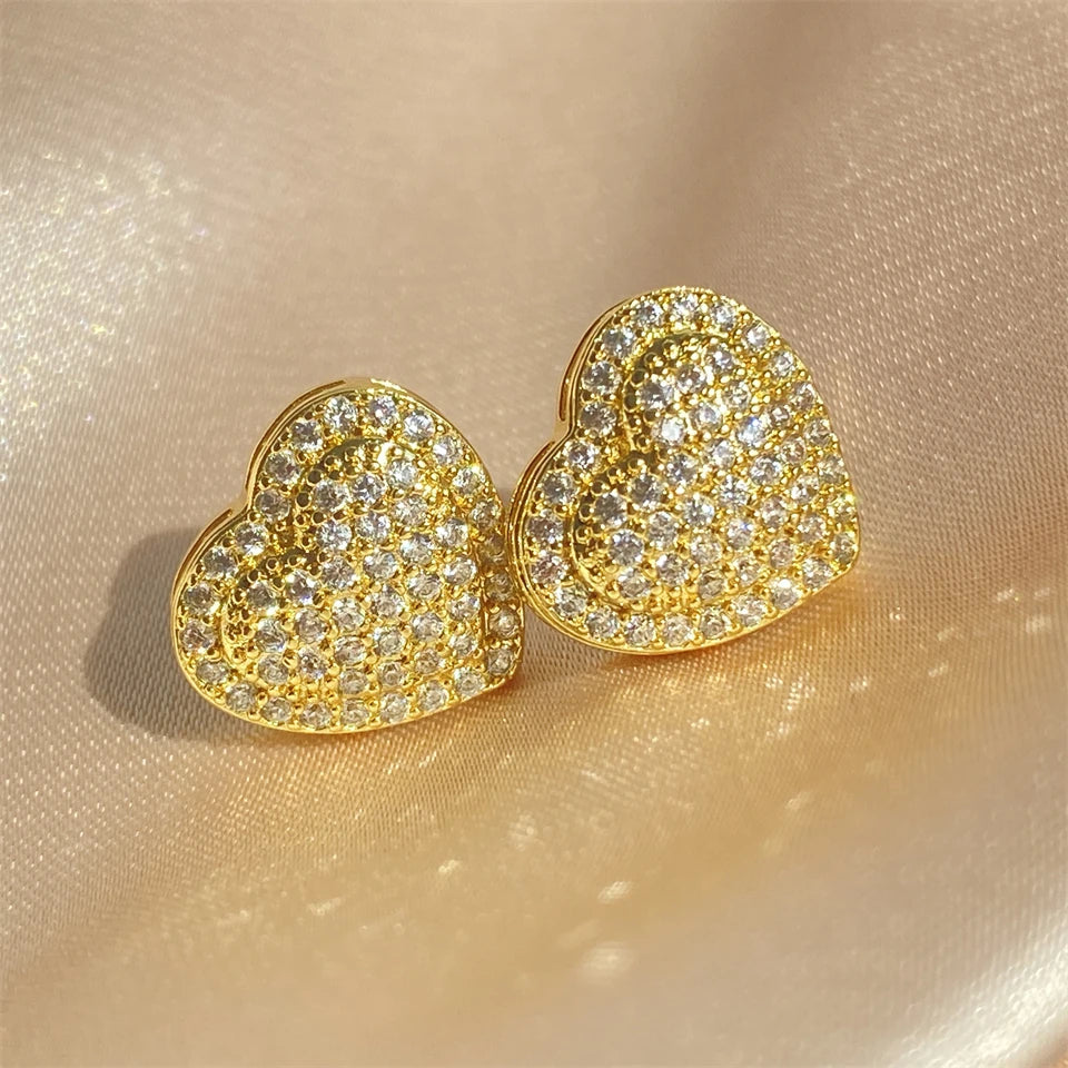 Loving Heart Zirconia Stud Earrings for Women Girls Silver Color Metal Crystal Ears Accessories Wedding Jewelry Gifts